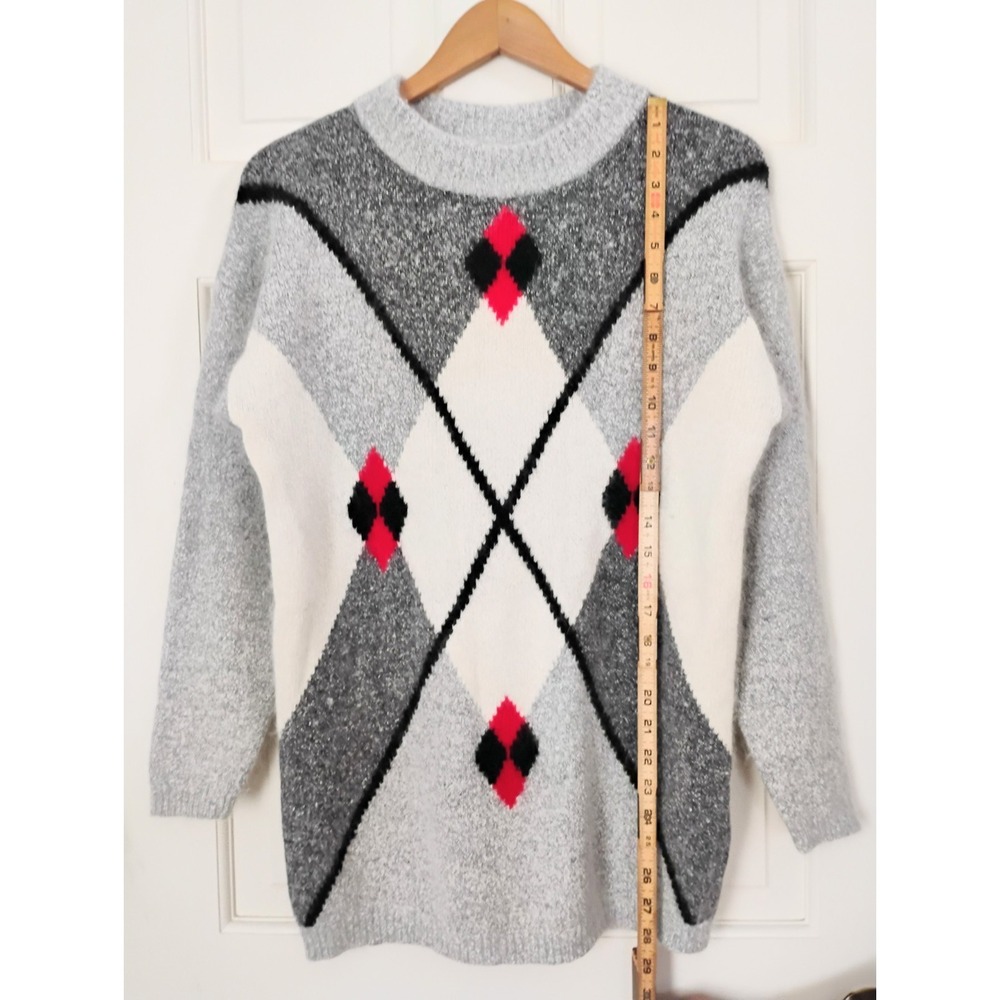 Vintage De Rotchild Silk Angora Lambswool Argyle Sweater Medium Grey Red Cozy - Picture 6 of 6